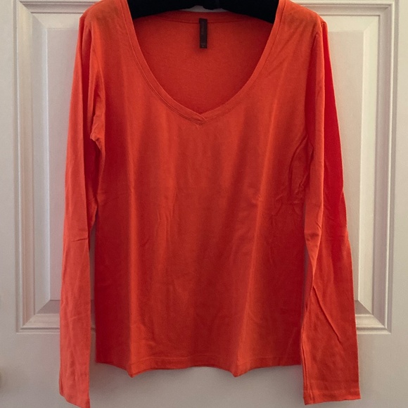 Shimera Long Sleeve V-Neck T-Shirt/Cotton Modal & Spandex/Bright Orange/Sz M/NEW - Picture 2 of 3